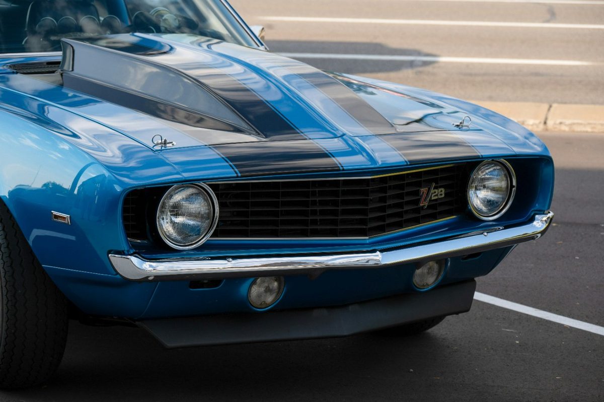 Blue 1969 Chevrolet Camaro Z/28, front three-quarter view