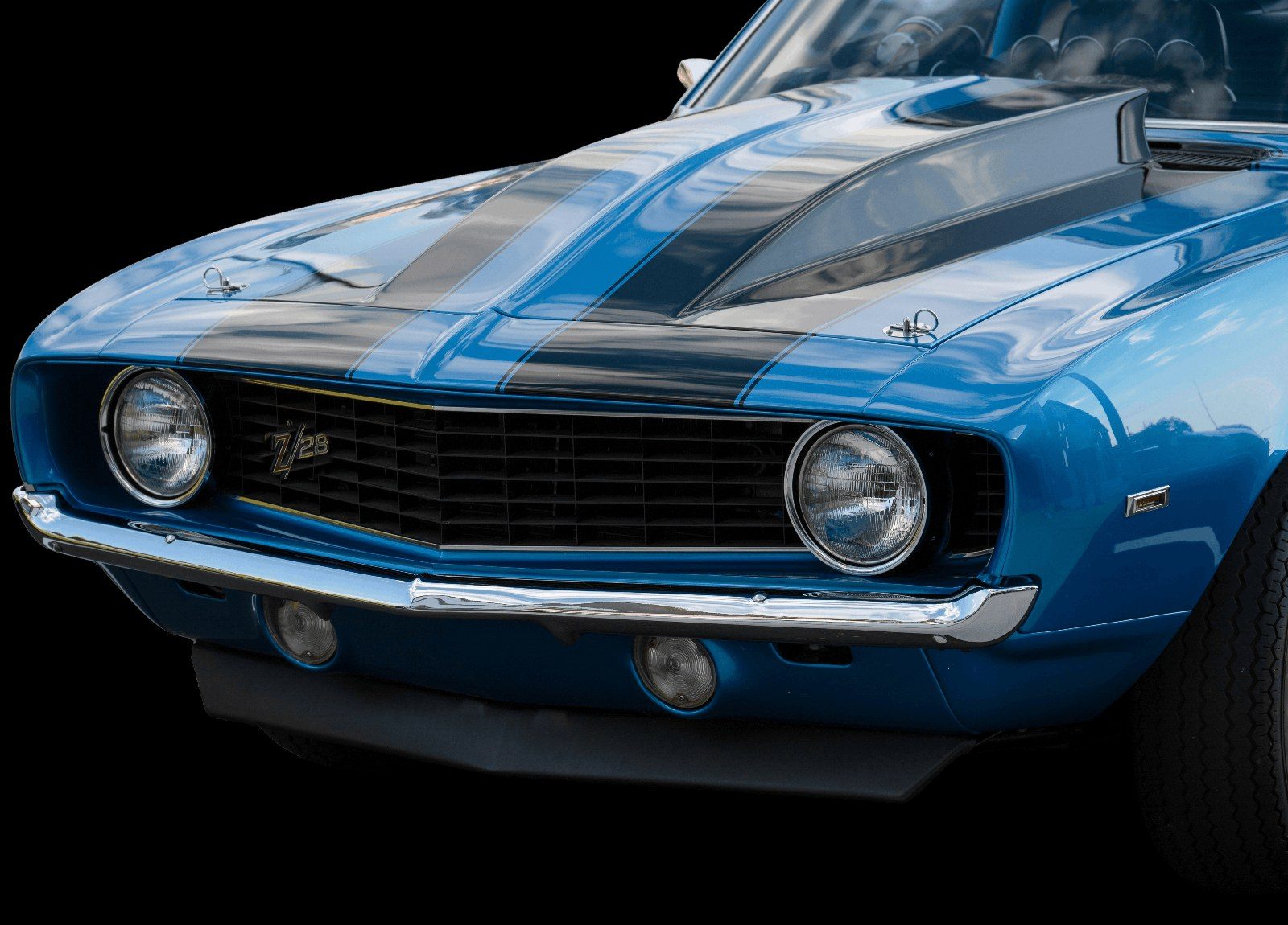 Blue 1969 Chevrolet Camaro Z/28, front three-quarter view