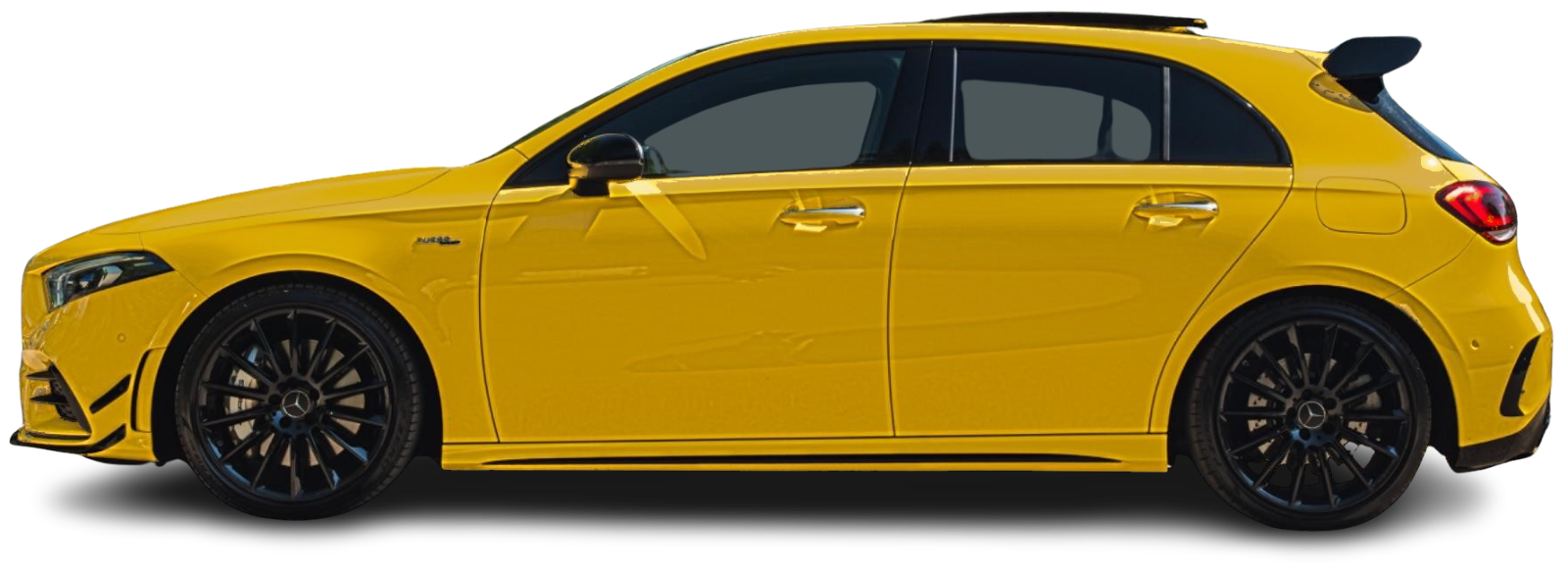 Yellow Mercedes-AMG A35 hatchback, side view